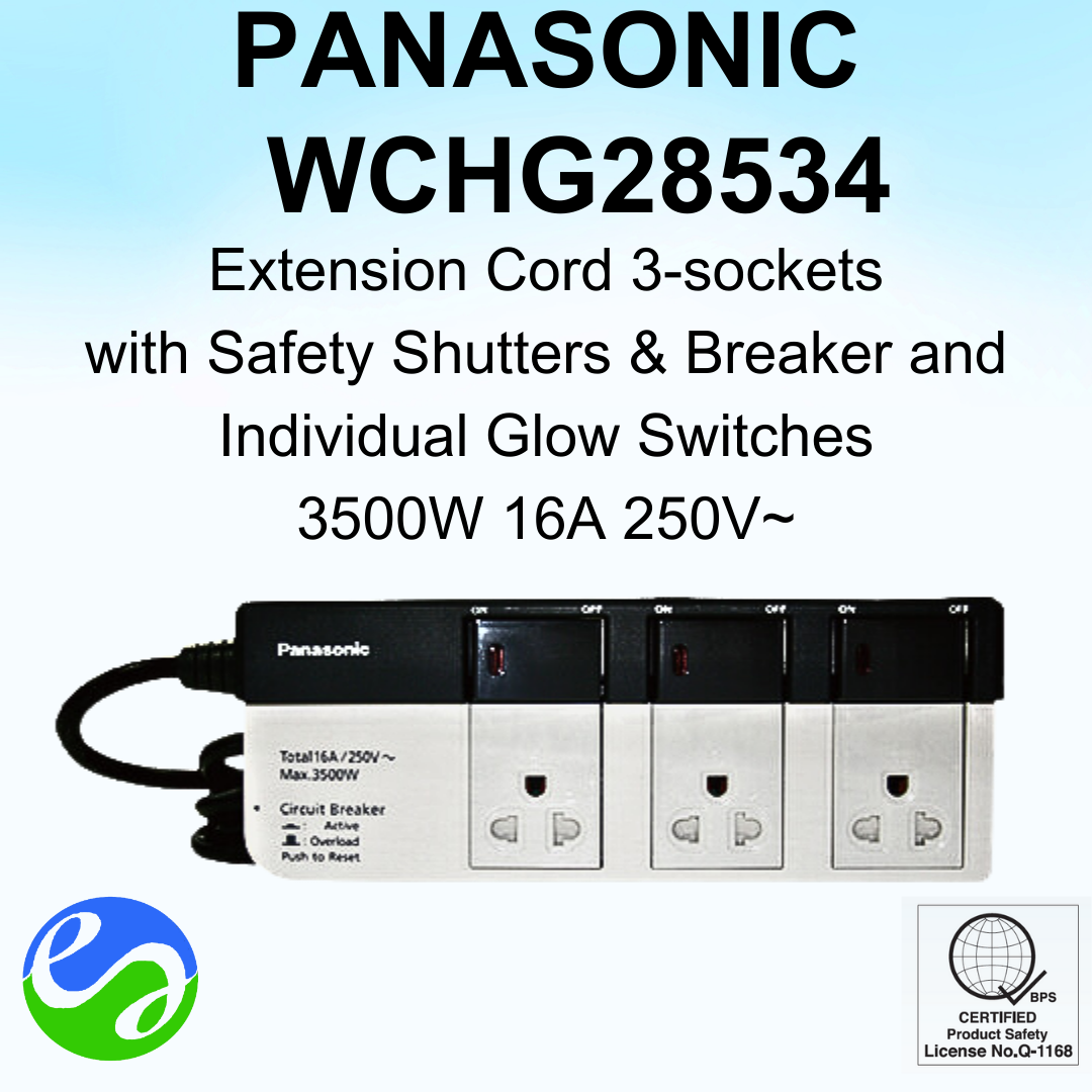 PANASONIC – Extension Cord 3-sockets with Safety Shutters & Breaker & Individual Glow Switch – WCHG28534