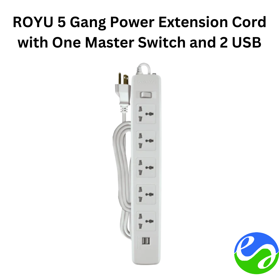 ROYU – 5 Gang Power Extension Cord with Individual Switches and 2 USB