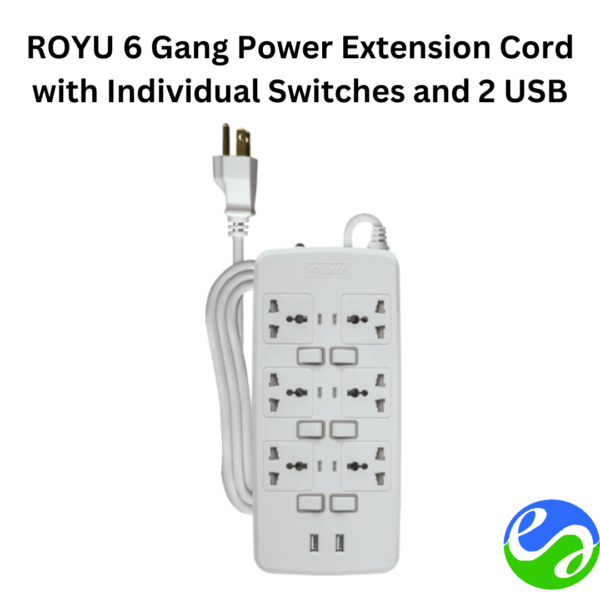 ROYU 6 Gang Power Extension Cord with Individual Switches and 2 USB