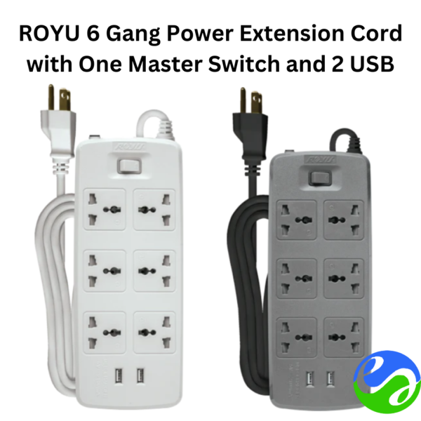 ROYU 6 Gang Power Extension Cord with One Master Switch and 2 USB