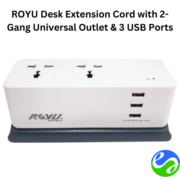 ROYU Desk Extension Cord with 2-Gang Universal Outlet & 3 USB Ports