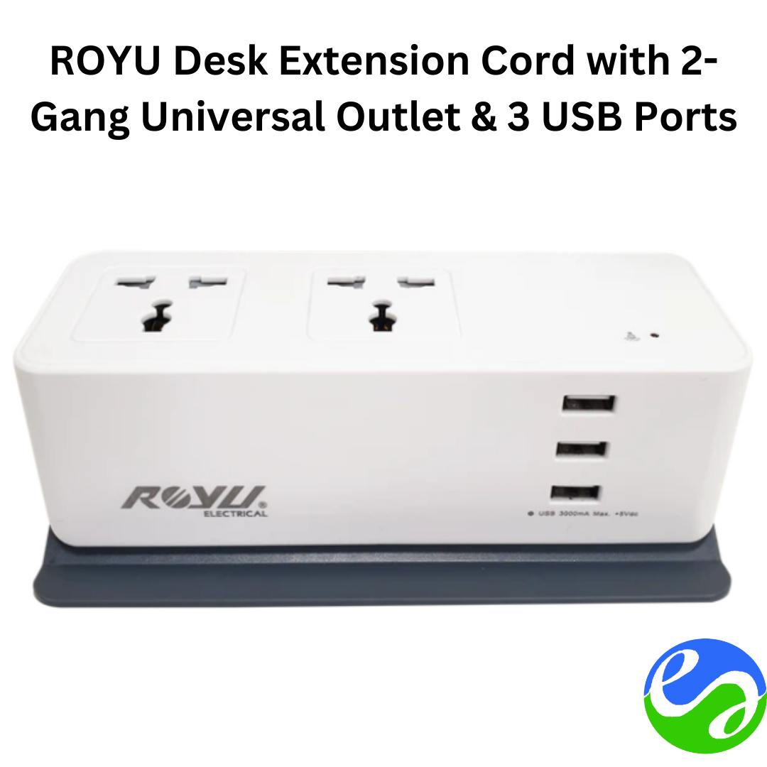 ROYU – Desk Extension Cord with 2-Gang Universal Outlet & 3 USB Ports