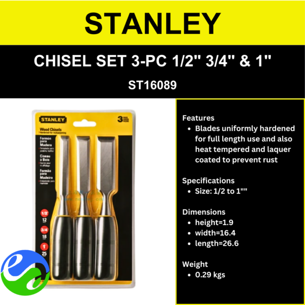 STANLEY - CHISEL SET 3-PC 1_2_ 3_4_ & 1_ - ST16089