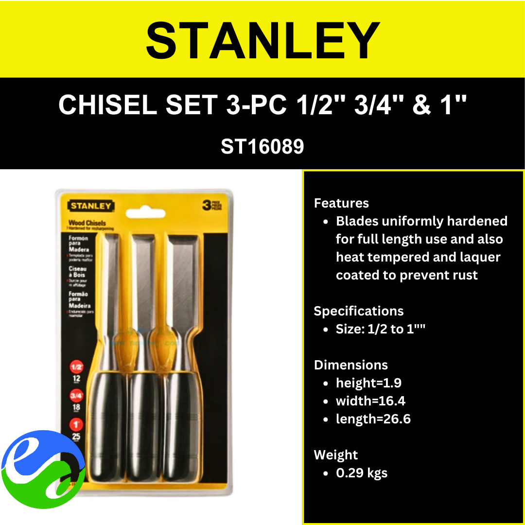 STANLEY – CHISEL SET 3-PC 1/2″ 3/4″ & 1″ –  ST16089