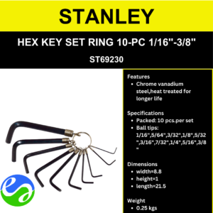 STANLEY - HEX KEY SET RING 10-PC 1/16"-3/8" -ST69230