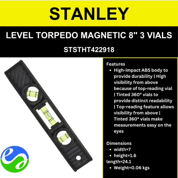 STANLEY - LEVEL TORPEDO MAGNETIC 8_ 3 VIALS - STSTHT422918