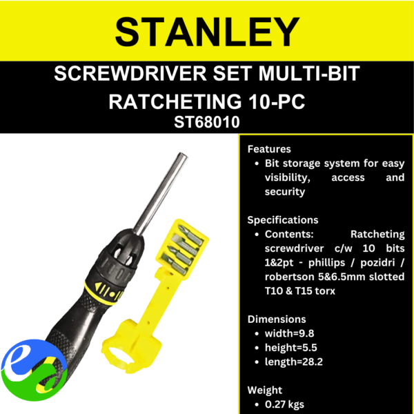 STANLEY - SCREWDRIVER SET MULTI-BIT RATCHETING 10-PC - ST68010